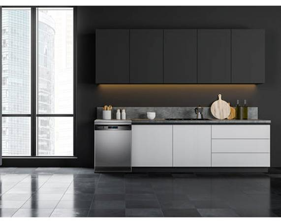 A kitchen with black cabinets and a grey countertop

AI-generated content may be incorrect.